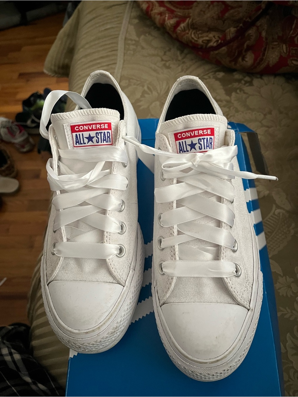 Converse White Low Top Canvas Sneakers with Red & Blue Logo
